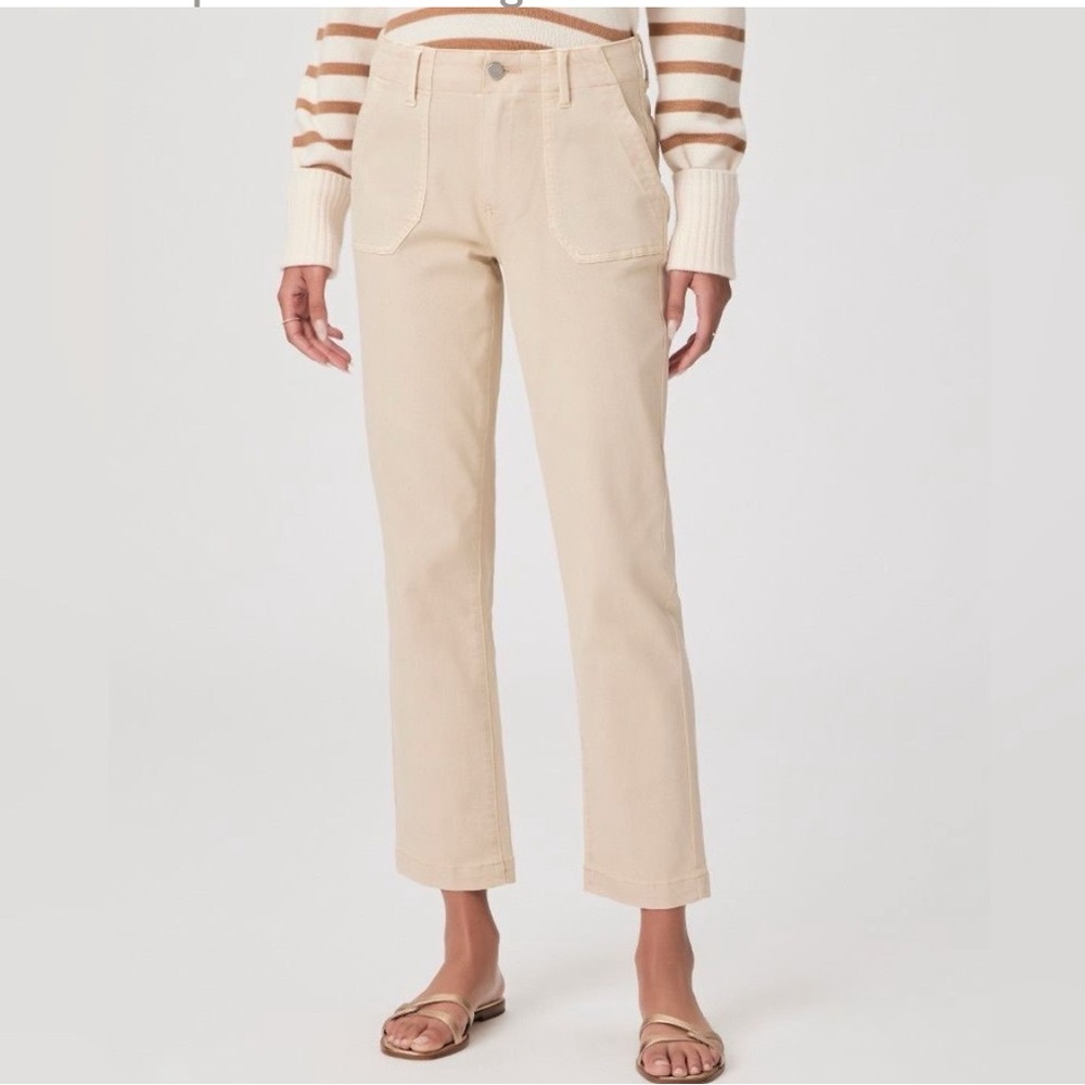 Paige Mayslie Straight Ankle Pant in Vintage Warm Tan Beige Mid Rise Sz 31